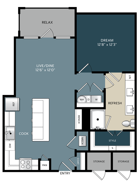 A floor plan of a house with labeled rooms such as RELAX, DREAM, and COOK.